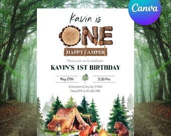 Invitación de cumpleaños de un campista feliz, primera invitación de un campista feliz para un niño, invitación temática de bosque para el primer cumpleaños de un campamento, plantilla de Canva