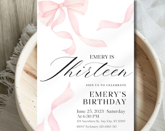 Pink Bow 13th Birthday Invitation, Girl Coquette Invite, Water Color 13th Birthday Girl Bow Invite, Editable Party Invite, Canva Template