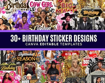30+ verjaardagssticker, stickers piepschuim beker, T-shirtontwerpen, bewerkbare roze cheetah, cowgirl, casino, Y2k-ontwerp, bundel ontwerpsjabloon verjaardag
