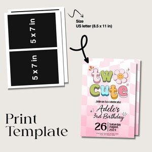 May include: A pink and white checkered background with the text "two cute" in colorful letters. The text "Join us to celebrate Adele's 3rd Birthday" is below the main text. The date "26 | Saturday August 2024" is below the birthday text. The address "One East Sixtieth Street, New York, NY 10022-1054" is below the date. This is a printable invitation template for a birthday party.
