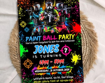 May include: Black paintball party invitation with three figures in colorful gear holding paintball guns. The invitation reads "Paint Ball Party" and "Jones is turning 7". Includes event details and RSVP information.