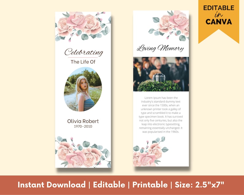 Funeral Bookmark Template, Printable Celebration of Life Bookmarks, Funeral Keepsake Cards