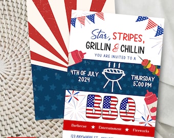 Invitation barbecue du 4 juillet, invitation barbecue dans le jardin, invitation jour de l'indépendance, modèle modifiable toile, téléchargement immédiat