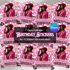 Zodiac Birthday Designs Bundle,Cowgirl Styrofoam Cup Sticker, Hoedown Shot Glass, and T-Shirt Design, Editable Horoscope Sublimation Design