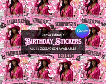 Zodiac Birthday Designs Bundle,Cowgirl Styrofoam Cup Sticker, Hoedown Shot Glass, and T-Shirt Design, Editable Horoscope Sublimation Design
