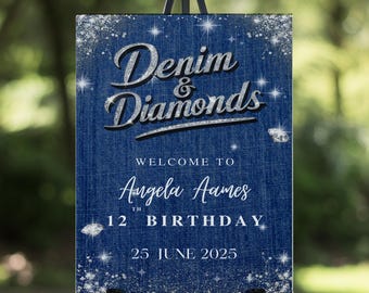 Denim And Diamonds Birthday Sign, Editable Denim & Diamonds Birthday Party Sign, Printable Dinner Sign, Birthday Sign Canva Template