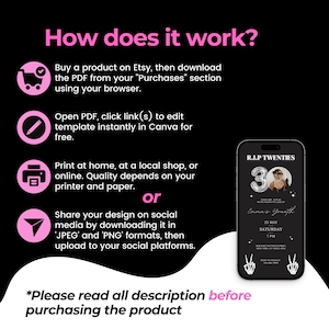 Puede incluir: Un gr&aacute;fico rosa y negro con instrucciones sobre c&oacute;mo usar una plantilla digital imprimible. El gr&aacute;fico incluye iconos para un carrito de compras, un l&aacute;piz, una impresora y un sobre. El texto dice "&iquest;C&oacute;mo funciona?" e incluye instrucciones para descargar, editar, imprimir y compartir la plantilla. El gr&aacute;fico tambi&eacute;n incluye una maqueta de una invitaci&oacute;n de cumplea&ntilde;os en blanco y negro con el texto "R.I.P. Twenties" y "Emma's Youth".