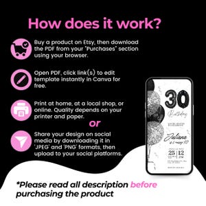 May include: A black and white digital invitation for a 30th birthday party. The invitation features a black and white balloon design with the number 30 in black. The text "You're invited to celebrate Juliana is turning 30" is in black and white. The date and time of the party are listed as "Save the Date 25 12 PM".