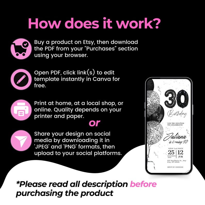 May include: A black and white digital invitation for a 30th birthday party. The invitation features a black and white balloon design with the number 30 in black. The text "You're invited to celebrate Juliana is turning 30" is in black and white. The date and time of the party are listed as "Save the Date 25 12 PM".