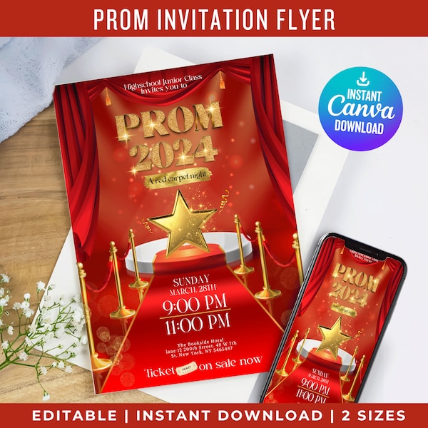 Prom Red Carpet Theme Flyer Prom Night Dance Flyer Under Red Carpet Prom Red Carpet School Dance Invitation Printable Canva Instant Download