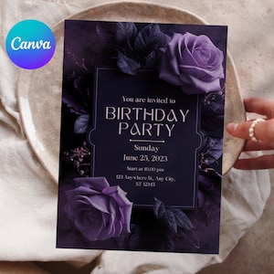 Convite de aniversário floral preto e roxo, modelo de convite de aniversário editável, convite gótico, convite para festa de aniversário, modelo do Canva