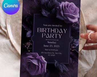 Black & Purple Floral Birthday Invite, Editable Birthday Invitation Template, Gothic Invitation, Birthday party invite, Canva Template