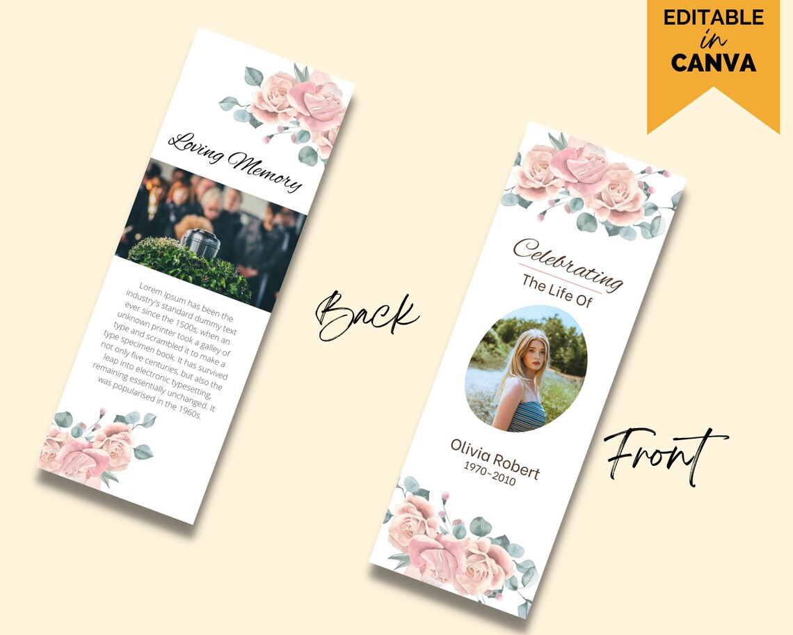 Funeral Bookmark Template, Printable Celebration of Life Bookmarks, Funeral Keepsake Cards