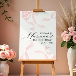 Pink Bow First Birthday Welcome Sign, Pink Bow 1st Birthday Welcome Sign, Coquette Welcome Signs, Bow Birthday Sign,Pink Welcome Sign Canva