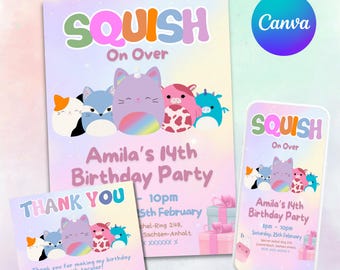 Squishmallow Birthday Invitation, Squishmallow Party Birthday Invitation, Squishy Invite Editable Invitation Canva Template Instant Download