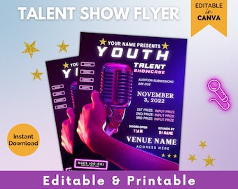 May include: A purple and blue flyer with a neon pink microphone and the text "Youth Talent Showcase" and "November 3, 2022". The flyer also includes the text "Your Name Presents" and "Venue Name".