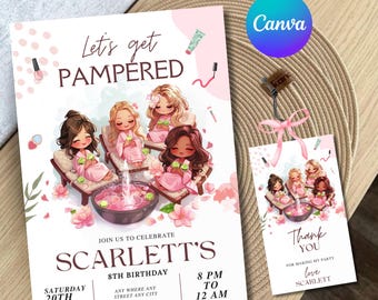 GIRLS Spa Pamper Party Birthday Invitation Template, Spa Birthday Party Invitation, Editable Glam Spa Invite Canva Template Instant Download
