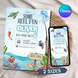 Invito modificabile per festa di compleanno a tema pesca, invito a tema pesca &quot;Reel in the Fun&quot;, invito per compleanno a tema pesce, invito elettronico a tema pesce, modello Canva
