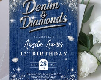 Denim And Diamonds Invitation, Editable Denim & Diamonds Birthday Party Invite, Denim And Diamonds Thank You Tag, Canva Template