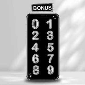 May include: A smartphone screen displaying a set of silver, metallic-looking balloon numbers from zero to nine arranged in two columns against a black background. Above the phone, a rectangular label contains the white text BONUS.