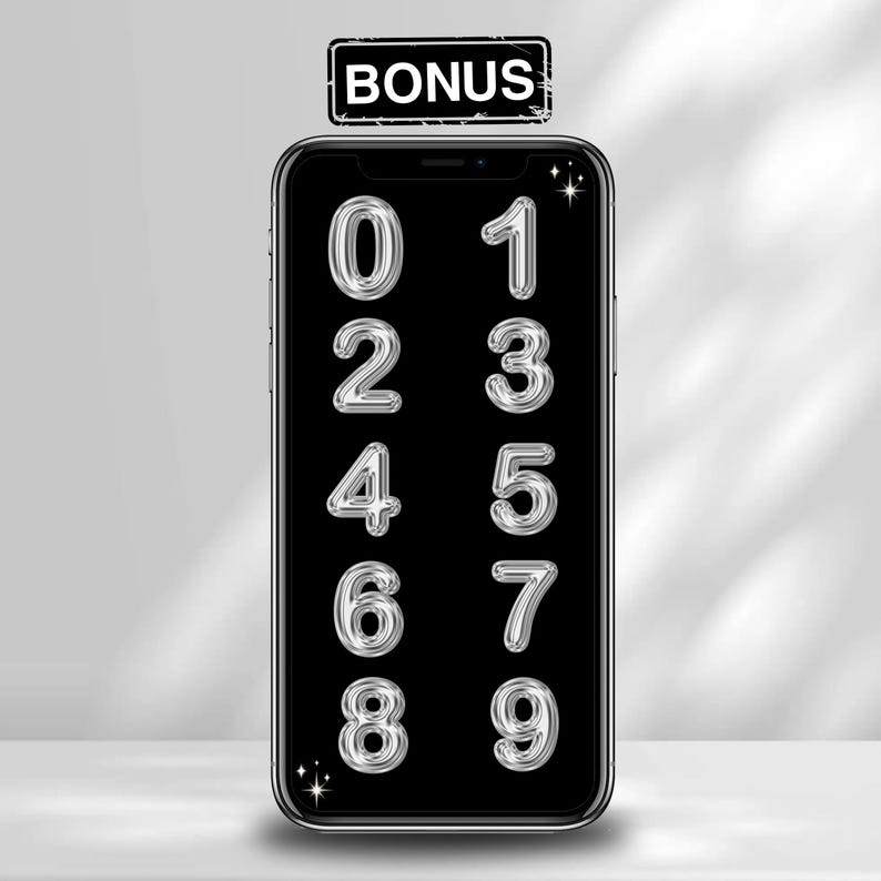 May include: A smartphone screen displaying a set of silver, metallic-looking balloon numbers from zero to nine arranged in two columns against a black background. Above the phone, a rectangular label contains the white text BONUS.