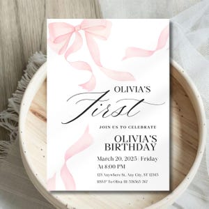 Pink Bow 1st Birthday Invitation, Girl Coquette Invite, Water Color First Birthday Girl Bow Invite, Editable Party Invite, Canva Template