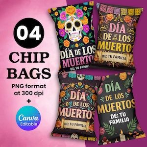 Bearbeitbare Chip-Beutelvorlage, Dia de los Muertos Party Favors, Zuckerschädel Leckerlibeutel, Fiesta Feier Dekor Digital