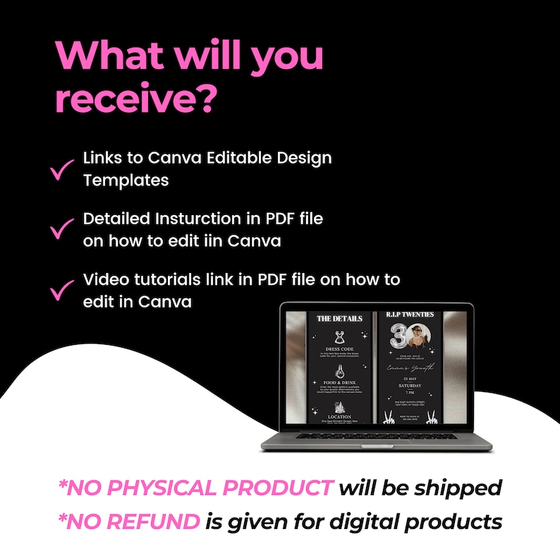 Puede incluir: Una pantalla de computadora port&aacute;til que muestra un producto digital para una fiesta de cumplea&ntilde;os n&uacute;mero 30. El producto incluye una plantilla de invitaci&oacute;n en blanco y negro con el texto "R.L.P TWENTIES" y "THE DETAILS". El texto "*NO PHYSICAL PRODUCT will be shipped *NO REFUND is given for digital products" se muestra debajo de la computadora port&aacute;til.