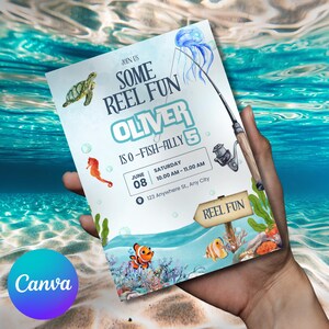 Invito modificabile per festa di compleanno a tema pesca, invito a tema pesca &quot;Reel in the Fun&quot;, invito per compleanno a tema pesce, invito elettronico a tema pesce, modello Canva