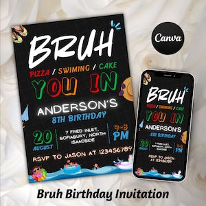 Editable Bruh Birthday Invitation Template Canva Printable Birthday Party Invite Boy Pool Party Invitation Summer Bday Theme InstantDownload