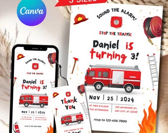 Fire Engine Invitation, Editable Fire Truck Invitation, Sound The Alarm Boys Firetruck Birthday Invitation, Canva Template Instant Download