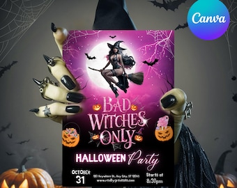 Uitnodiging voor feest alleen Halloween Bad Witches, bewerkbare uitnodiging voor Halloween-feest, uitnodiging Halloween Girls Out-feestje, canvassjabloon
