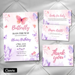 Butterfly Baby Shower Invitation, Editable Purple Butterfly Baby Shower Invitation Set for Girls, Canva Template Instant Download