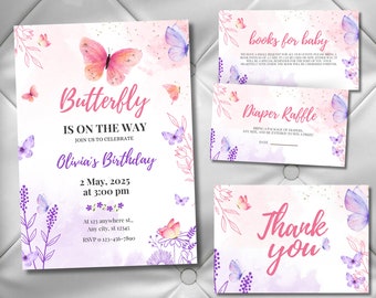 Schmetterling-Babypartyeinladung, bearbeitbares Lila Schmetterling-Babypartyeinladungs-Set für Mädchen, Canva Vorlage Sofort-Download