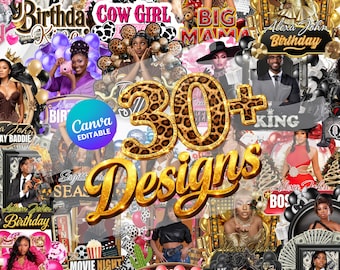 Stickersjabloon piepschuimbeker, 30+ verjaardagssticker, stickers piepschuimbeker, T-shirtontwerpen, bewerkbare roze cheetah, cowgirl, casino, Y2k-ontwerp