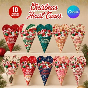 May include: Ten Christmas heart-shaped paper cones featuring various holiday patterns, including Santa Claus, gingerbread, and snowflakes. Each cone is filled with candy canes and small ornaments, with the text Merry Christmas printed on each.
