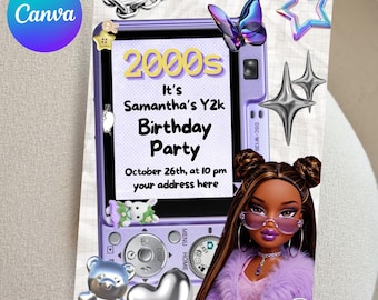 Invitación a fiesta con temática retro de principios de los 2000, folleto imprimible inspirado en el Y2K, recuerdo de los 90, plantilla Canva de descarga instantánea