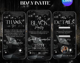 All Black Birthday Invitation Template, Digital Black Birthday Invite, All Black Birthday Party Invitation, Gothic Black Party Invitation