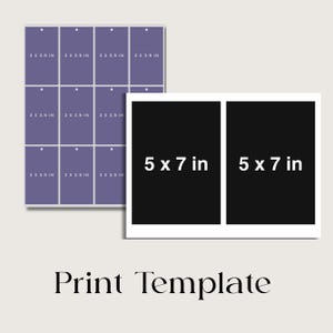 Puede incluir: Plantilla de impresi&oacute;n con dos rect&aacute;ngulos negros de 5 x 7 pulgadas y una cuadr&iacute;cula de rect&aacute;ngulos morados de 2 x 3,5 pulgadas. Las palabras "Print Template" est&aacute;n en la parte inferior.