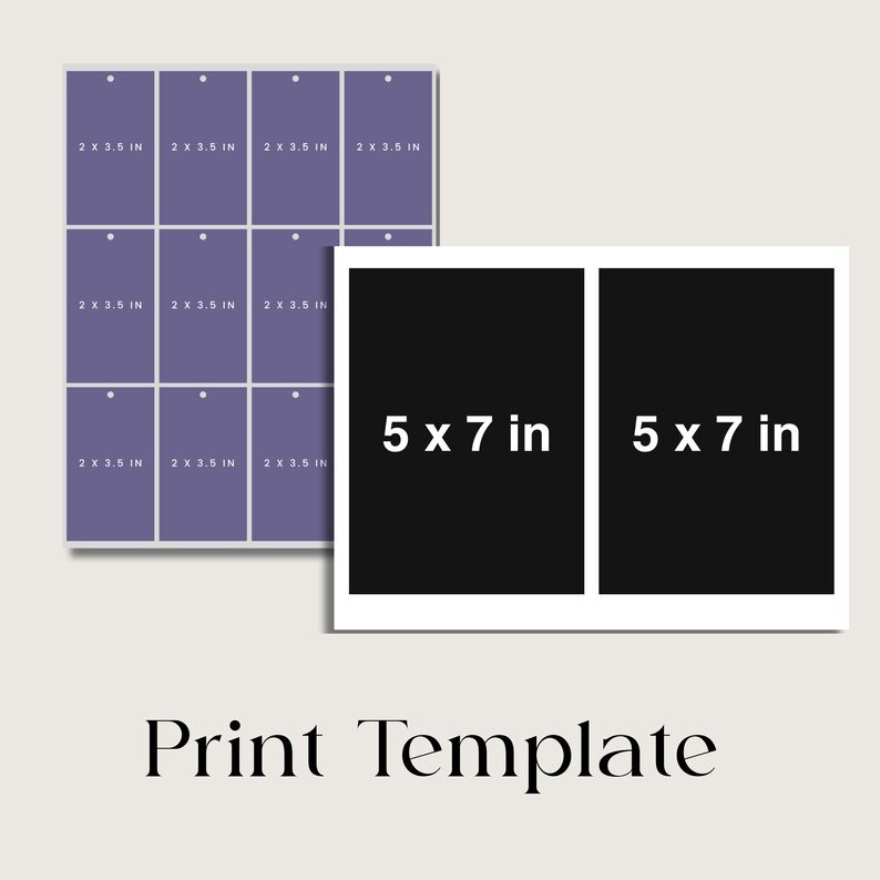 Puede incluir: Plantilla de impresi&oacute;n con dos rect&aacute;ngulos negros de 5 x 7 pulgadas y una cuadr&iacute;cula de rect&aacute;ngulos morados de 2 x 3,5 pulgadas. Las palabras "Print Template" est&aacute;n en la parte inferior.