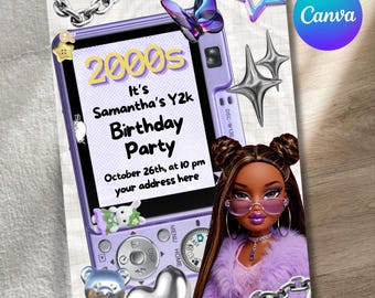 Invitación a fiesta con temática retro de principios de los 2000, folleto imprimible inspirado en el Y2K, recuerdo de los 90, plantilla Canva de descarga instantánea