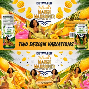 May include: Two Cutwater Jalivah's Mango Margarita and Lime Margarita aluminum cans featuring a 12.5% alcohol content. The labels display mango illustrations, a person in a yellow dress, a pink flamingo float, and nutrition facts.