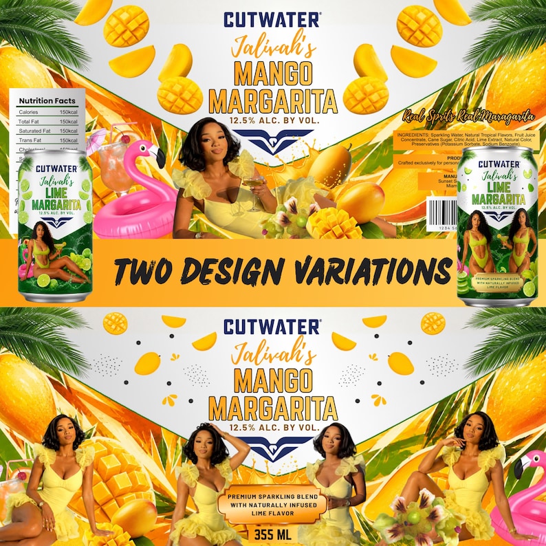 May include: Two Cutwater Jalivah's Mango Margarita and Lime Margarita aluminum cans featuring a 12.5% alcohol content. The labels display mango illustrations, a person in a yellow dress, a pink flamingo float, and nutrition facts.