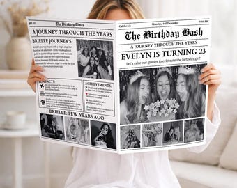 Canva Birthday Newspaper Template, Canva Birthday Newspaper, Birthday Infographic Invitation with Fun Facts and Crossword for Any Year