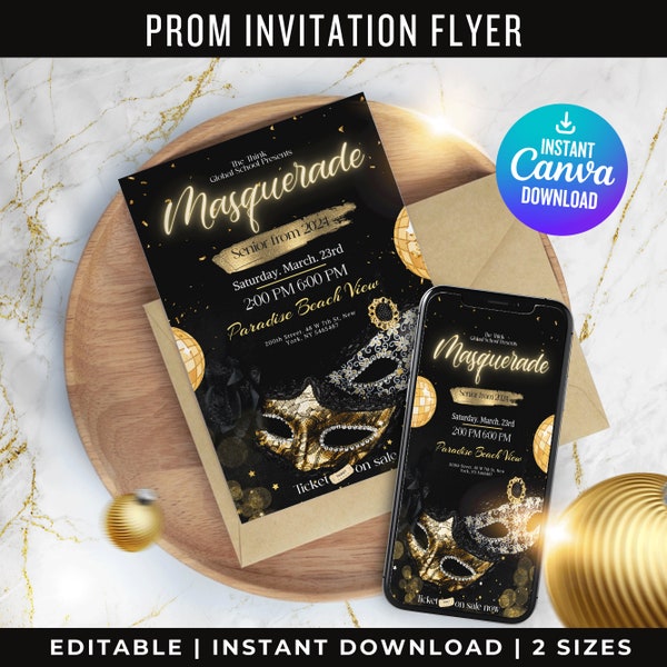Prom Invitation Template, Prom Masquerade Theme Flyer, Prom Send Off, Prom Masquerade Party Flyers, Masquerade Prom Editable Canva Flyer 5x7