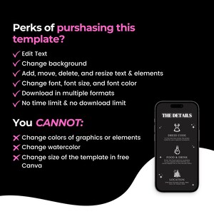 Puede incluir: Un gr&aacute;fico en blanco y negro que muestra las ventajas y las limitaciones de comprar una plantilla. El gr&aacute;fico enumera las siguientes ventajas: Editar texto, Cambiar fondo, Agregar, mover, eliminar y cambiar el tama&ntilde;o del texto y los elementos, Cambiar la fuente, el tama&ntilde;o de la fuente y el color de la fuente, Descargar en varios formatos, Sin l&iacute;mite de tiempo y sin l&iacute;mite de descarga. El gr&aacute;fico enumera las siguientes limitaciones: Cambiar los colores de los gr&aacute;ficos o los elementos, Cambiar la acuarela, Cambiar el tama&ntilde;o de la plantilla en Canva gratis. El gr&aacute;fico tambi&eacute;n muestra una maqueta de pantalla de tel&eacute;fono m&oacute;vil con el texto "THE DETAILS" en la parte superior y el texto "DRESS CODE", "FOOD & DRINK" y "LOCATION" en la parte inferior.