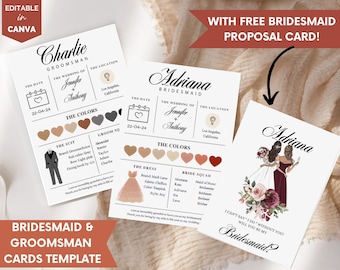 Bridesmaid Proposal Card Template, Editable Bridesmaid Info Card, Bridesmaid Groomsman Template, Bridal Party Theme Colors Canva Template