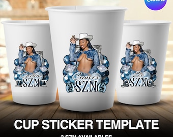 Denim And Diamonds Styrofoam Cup Sticker Template, Editable Party Cup Template Customizable Styrofoam Cup Design, Custom Party Cups Canva