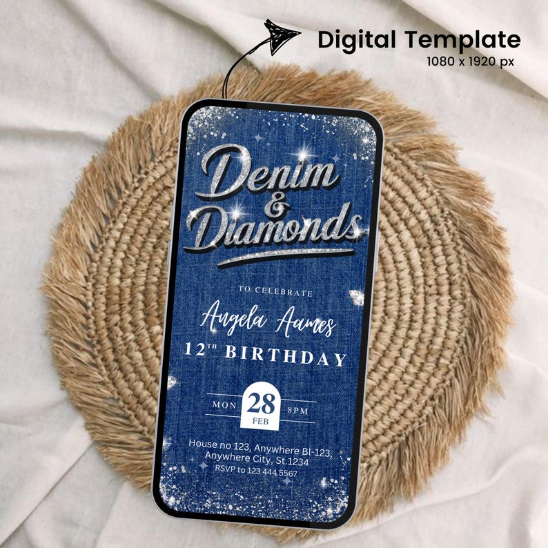 Puede incluir: Una plantilla digital para una invitaci&oacute;n de cumplea&ntilde;os con el tema "Denim & Diamonds". La invitaci&oacute;n incluye el texto "Denim & Diamonds", el nombre "Angela Aames" y la fecha del cumplea&ntilde;os. La invitaci&oacute;n es de 1080 x 1920 px.