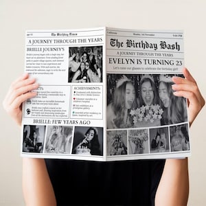 Modello di giornale di compleanno modificabile, giornale di compleanno Canva, invito di compleanno con infografica con fatti divertenti e cruciverba per qualsiasi anno